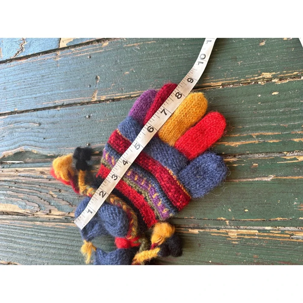 Newari Icelandic Design 100% Wool Handcrafted MultiColor Striped Gloves Pom Poms